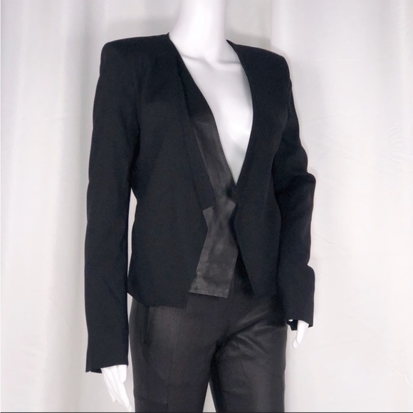 Halston Heritage Black w/Leather Panel Jacket OffSet Lapel Open Front Lined SzS - Picture 9 of 16